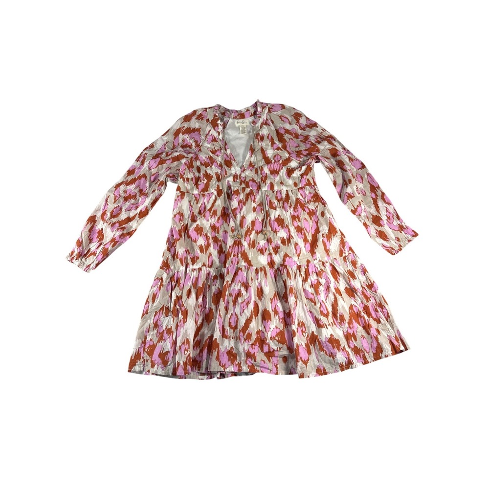 Jessica Simpson Pink Orange Ikat Tiered Mini Dress Small Cotton Long Sleeve Boho